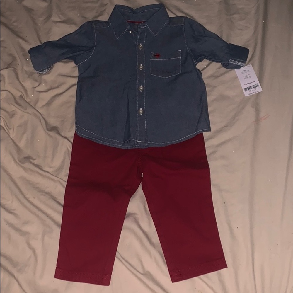 Blue jean button down shirt with red dress pants